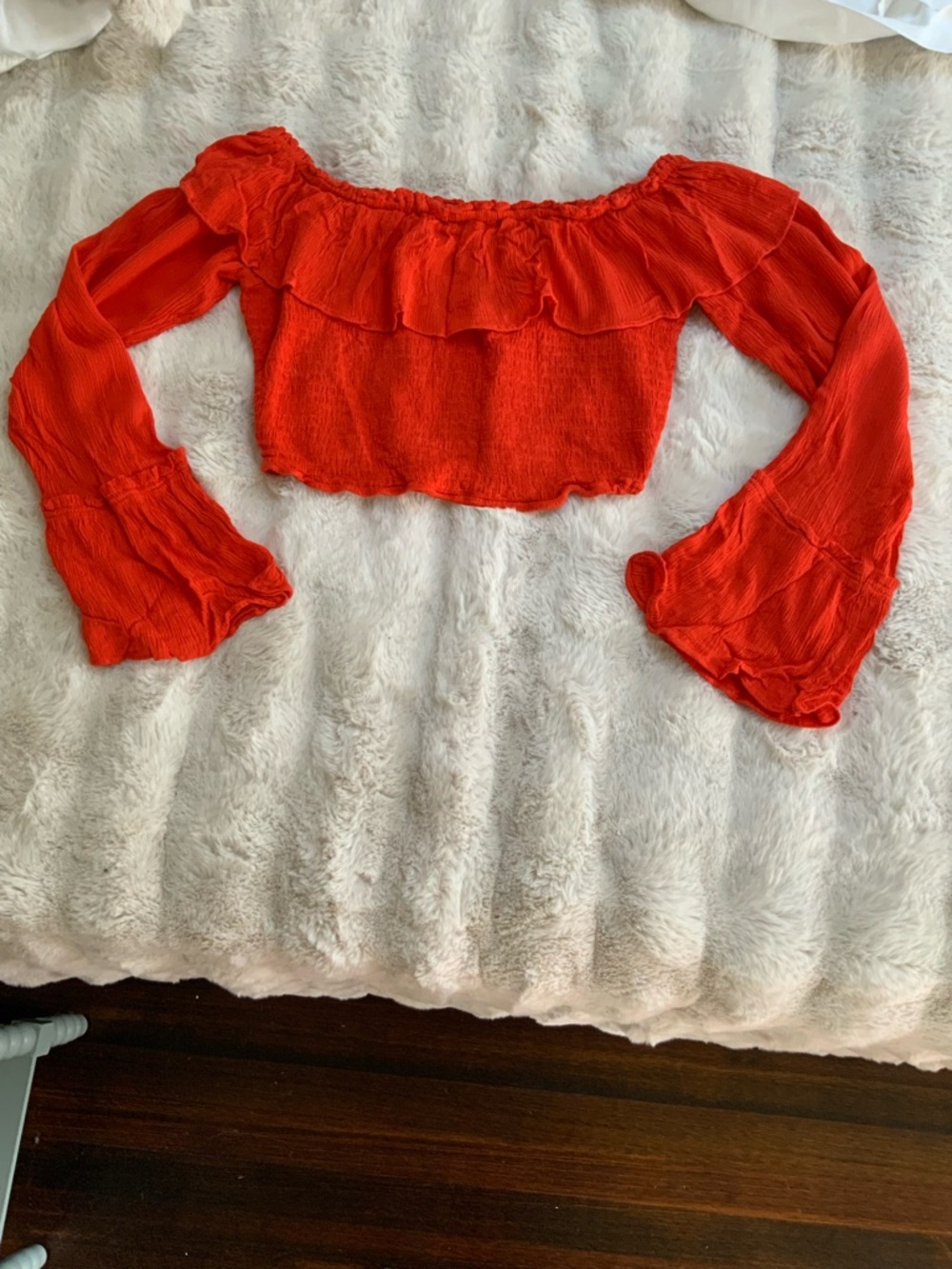 Kimchi Blue Red Off-Shoulder Ruffle Crop Top